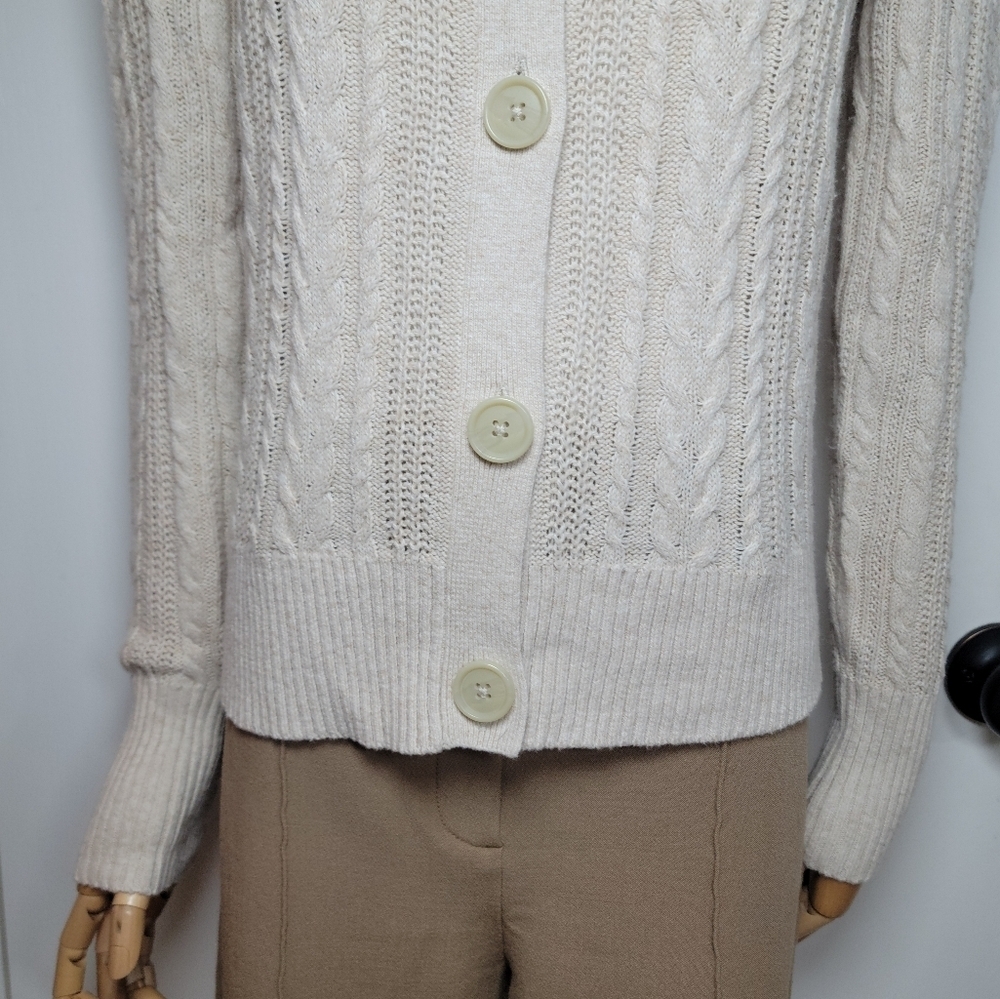 LOFT Cotton-Wool Blend Cable Knit Cardigan Size Small - Picture 2 of 12